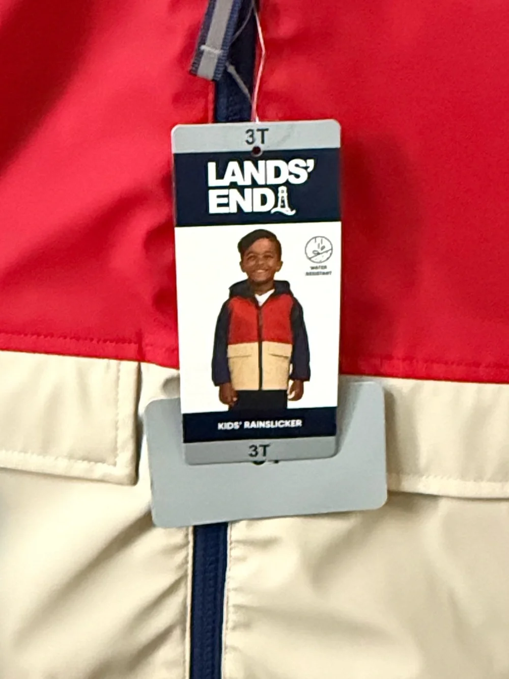 3T New Lands' End Kids' Colorblock Hooded waterproof Raincoat - Red, Navy & Crea